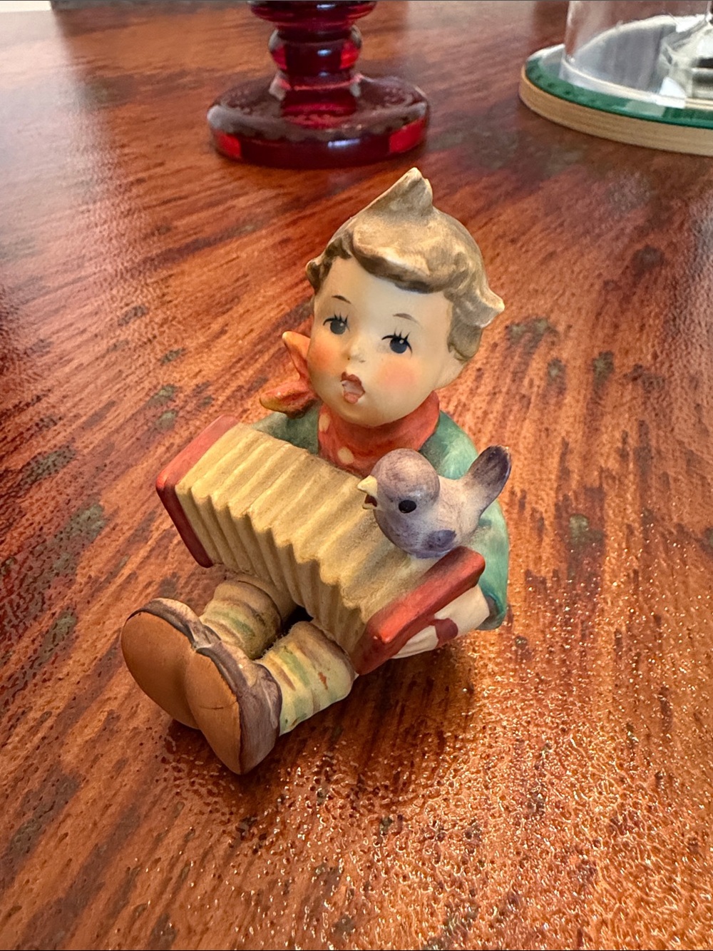Hummel Boy with Accordion Figurine in Green, Tan & Red